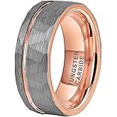 TUTISS 8mm Silver/Black/Gold/Rose Gold Hammered Tungsten Rings for Men Women Fashion Jewelry Engagement Wedding Bands Offset Line Matte Finish Comfort Fit