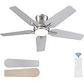 POCHFAN 42 Inch Ceiling Fans with Lights and Remote, Brushed Nickel Flush Mount Low Profile Ceiling Fan for Bedroom, Living Room, Patio, Dimmable 6 Speeds Noiseless Reversible, ETL Listed