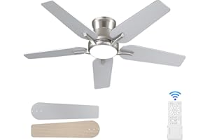 POCHFAN 42 Inch Ceiling Fans with Lights and Remote, Brushed Nickel Flush Mount Low Profile Ceiling Fan for Bedroom, Living Room, Patio, Dimmable 6 Speeds Noiseless Reversible, ETL Listed