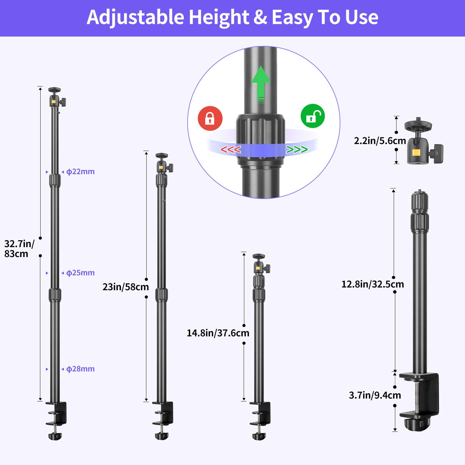Camera Desk Mount Webcam Stand with 360° Ball Head, Adjustable Table Light Stand 14