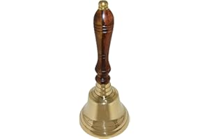 Large School Bell, Polished Brass Metal Handbell, Gold Color with Brown Wooden Handle - Measures 3.75 Inches Wide and 8.5 Inches Tall by SciencePurchase