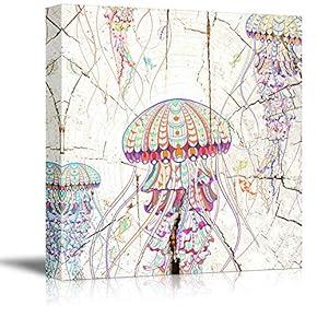 Square Abstract Colorful Jellyfishon Vintage Wood Effect Background