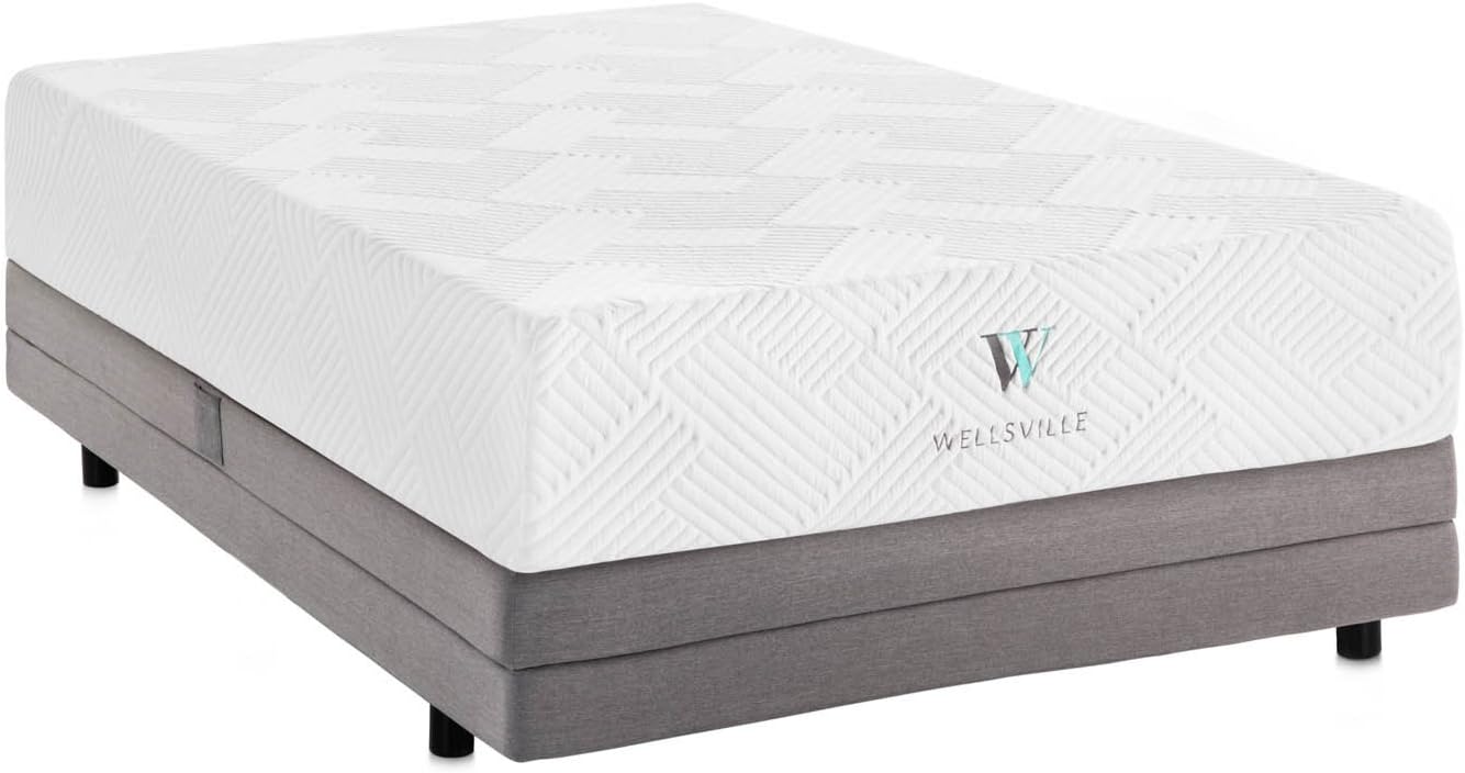 WELLSVILLE 14" Ventilated Luxury Gel Memory Foam Mattress - CertiPUR-US Certified, Queen, Grey/White