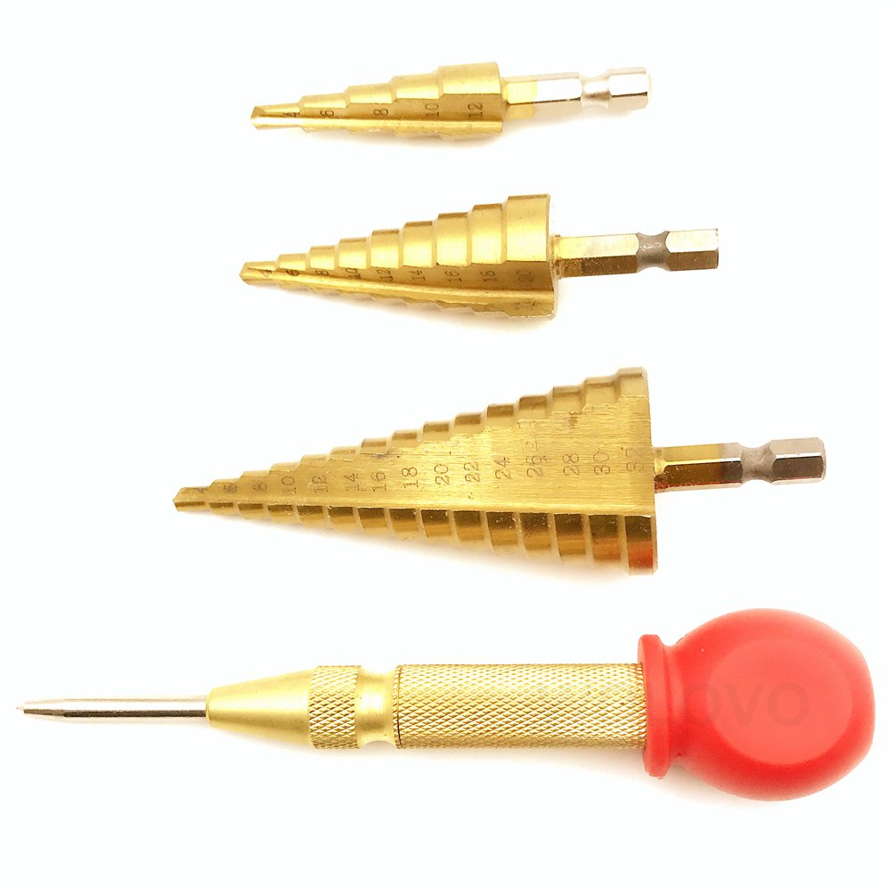 Hex Shank Step Drill, 3pcs High Speed Steel Step Drill Bits (4-12mm, 4-20mm and 4-32 mm) Diameter Precision Drilling, Titanium Coated Cone Drill with Automatic Center Punch