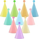 Hooqict 10 PCS Pastel Party Hats for Kids and Adults Birthday Party Cone Hats with Pom Poms Headwear for Boys Girls Stuffed Animals Pastel Rainbow Birthday Party Decorations