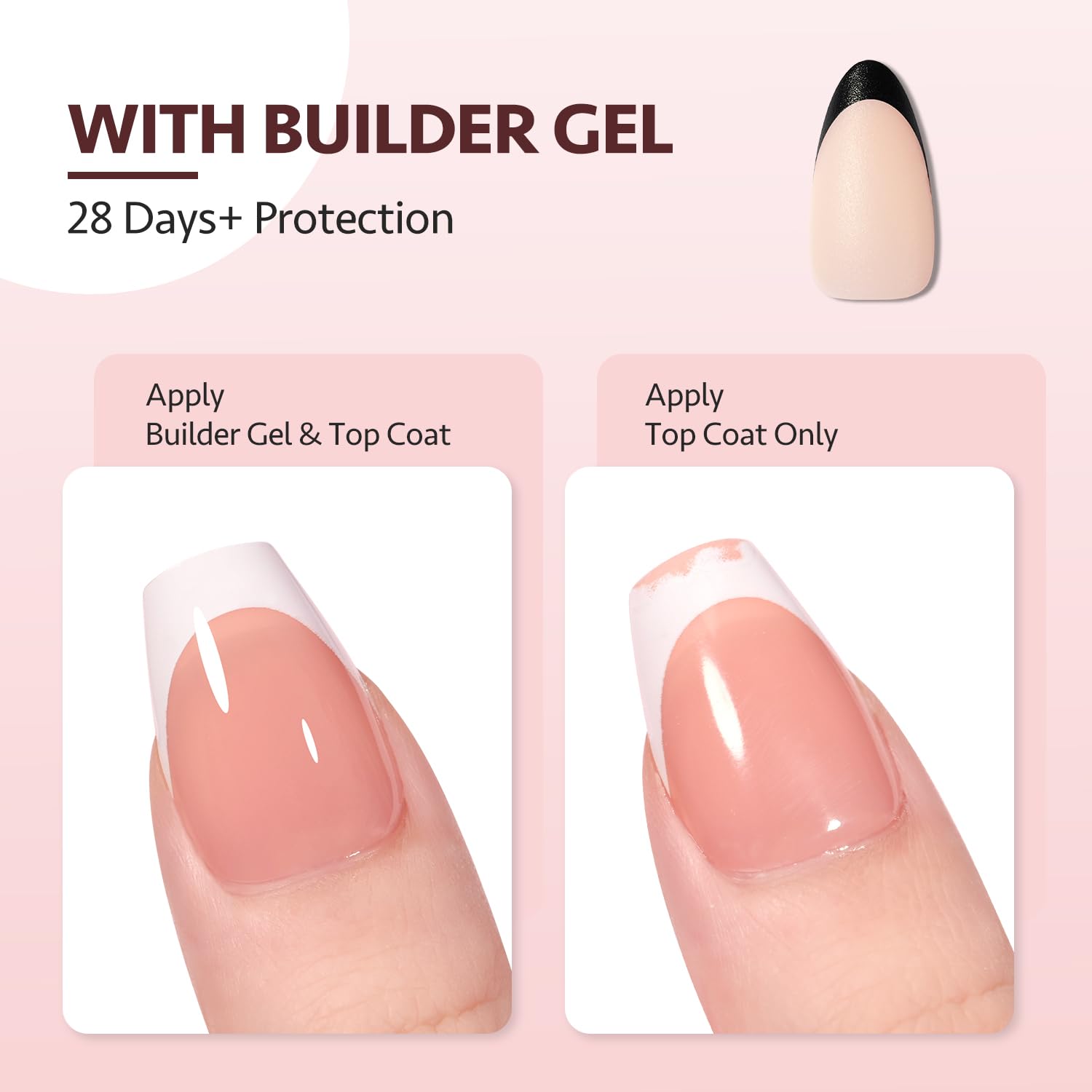 GAOY Black French Gel Nail Tips, 240Pcs Press on Nails Natural Nude Medium Almond, Pre-applied Primer and Base Coat Cover, 15 Sizes Pre-filed Fake Tips for Extension - Image 4