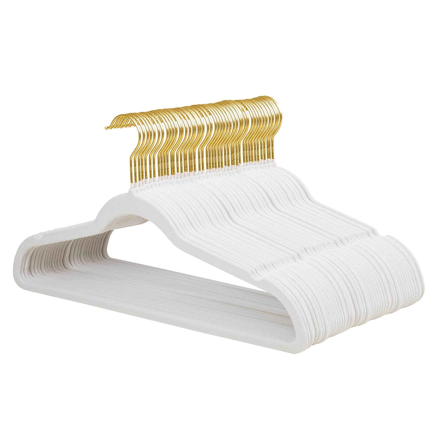 Photo 1 of ManGotree Velvet Coat Hangers with 360° Swivel Gold Hook, Non-Slip Felt Suit Hangers, Slim Space Saving Clothes Hanger for Jacket, Sweater, Shirt, Dress, Pants (48 Pack, White)