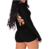 WDIRARA Women's Long Sleeve Bodysuit Shorts Square Neck Bodycon Romper One Piece Outfits