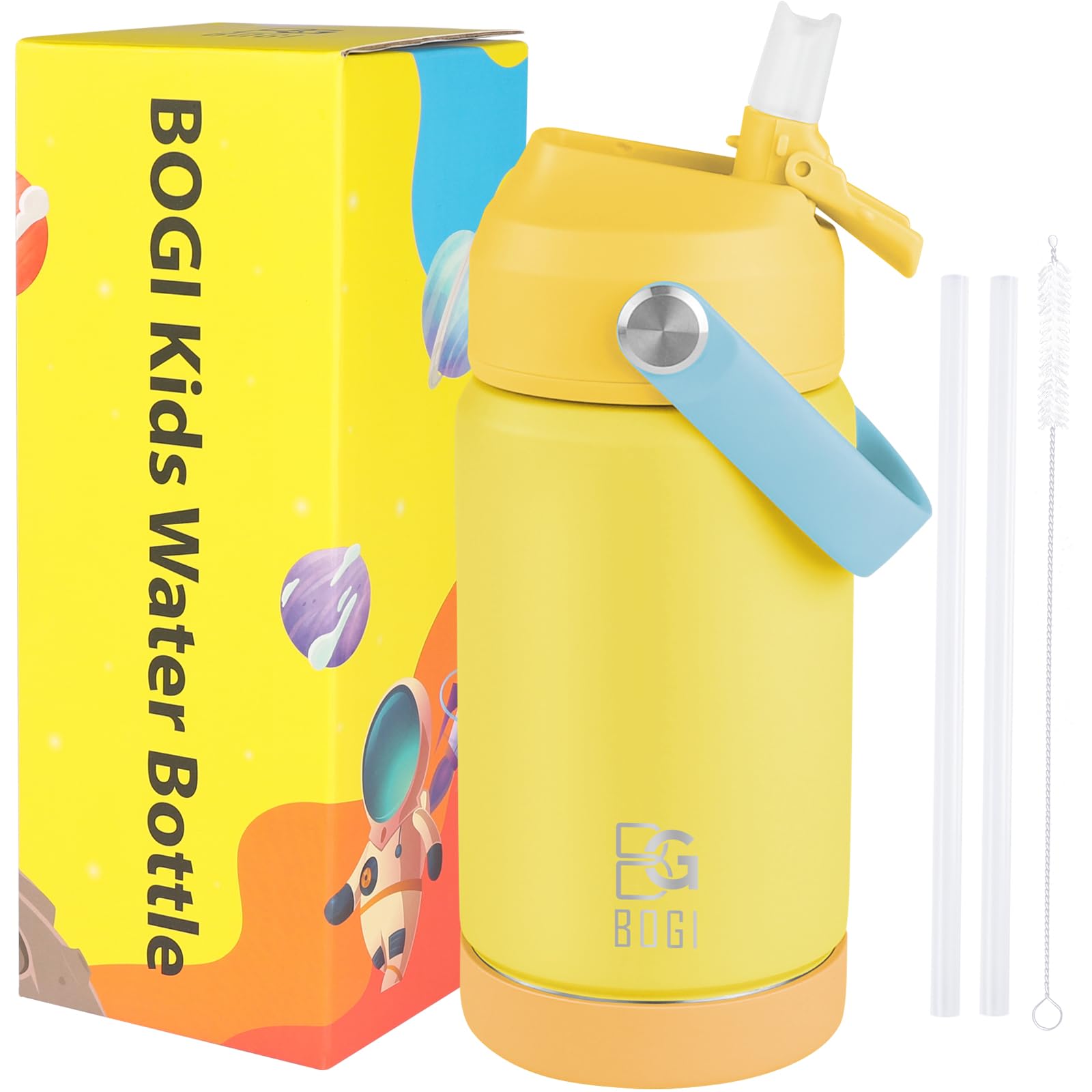 BOGI Kids Metal Water Bottle with Straw, 350ml Kid Stainless Steel Water Bottle for School Leak Proof Insulated Water Bottle for Boys Girls Toddlers Children Keep Drinks 12h Hot & 24h Cold | MYellow
