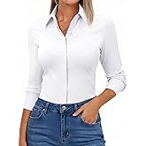 Aoudery Button Down Shirts for Women Slim Fit Long Sleeve Stretch Dress Shirts Work Shirt Wrinkle Free Office Blouse Top