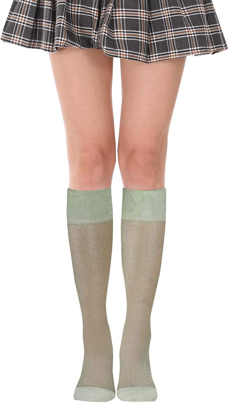 Womens Girls Sheer Shimmery Shinny Bling See Through Transparent Mesh Costume Novelty Knee High Socks,Green: Clothing