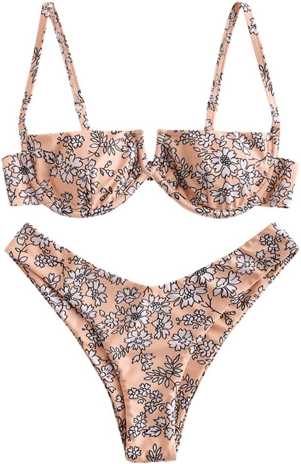 ZAFUL Women's Floral VWired Underwire High Leg Two Piece Bikini Set