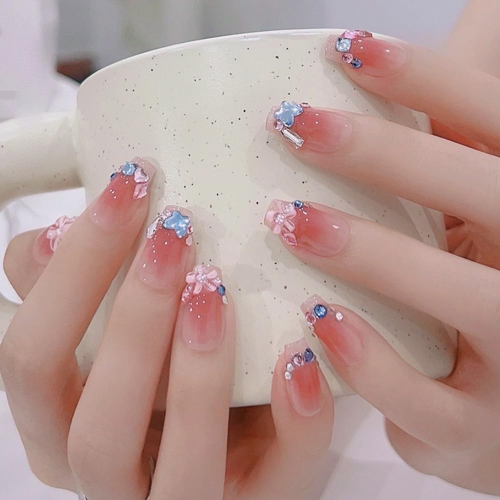 Pure Handmade Nails Press on Nail Reusable Fake Nails Red Flower Rhinestones Bling Bling Medium Stick on Nails French Tip False Nails 10pcs (M, Q050)
