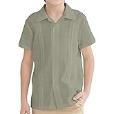 OEBLD Boys Cuban Guayabera Shirt Short Sleeve Button Down Shirts V Neck Cotton Linen Shirts