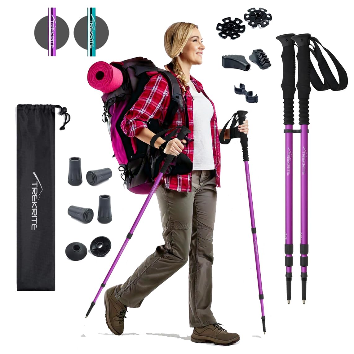 Trekrite Premium Walking Poles Set for Women, Anti Shock Adjustable Hiking Sticks for Ladies, Reliable & Strong Aluminum Trekking Poles with Accessories from a UK Based Company - Purple — image 1