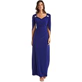 R&amp;M Richards Women's Empress Silhouette Gown | sweetheart neckline, flowing cape back sleeves, ruched waist, rhinestone accents, floor length gown, stretch fabric