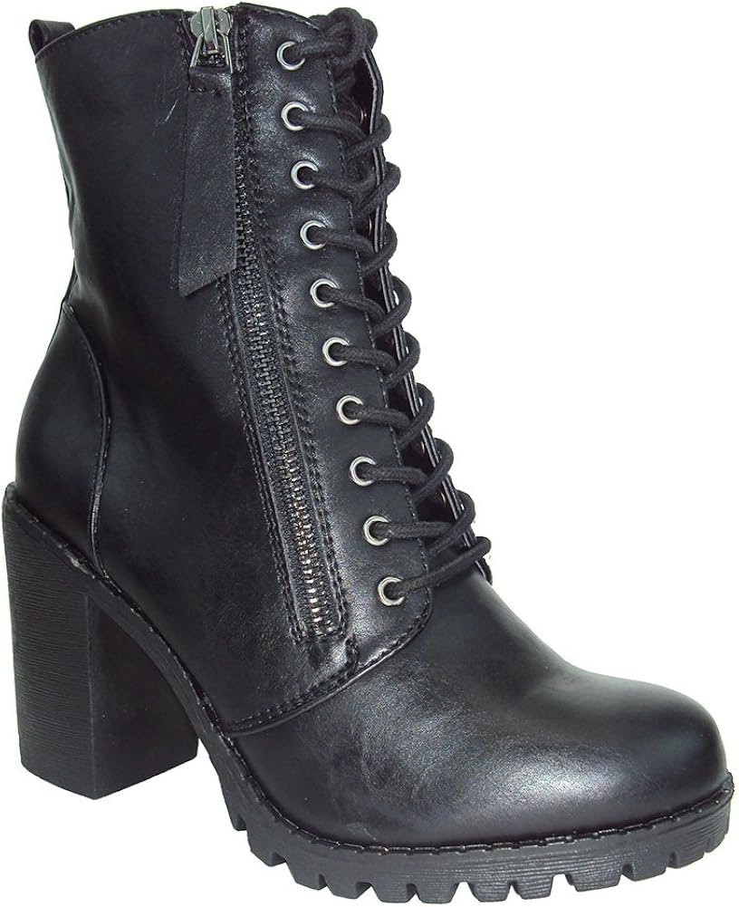 soda women's malia faux leather lace up chunky ankle boot