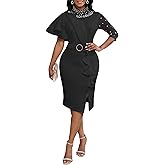 VERWIN Women's Mesh Patchwork Bodycon Midi Dress Bead Long Sleeve Ruffle Prom Dress Party Dress