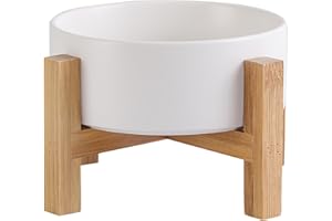 HCHLQLZ Elevated Ceramic Cat Bowl - Cat Food Bowl with Bamboo Stand - Raised Dog Dish for Puppies - Anti Vomiting, Stress Free - 13.5 oz / 400 ml - White