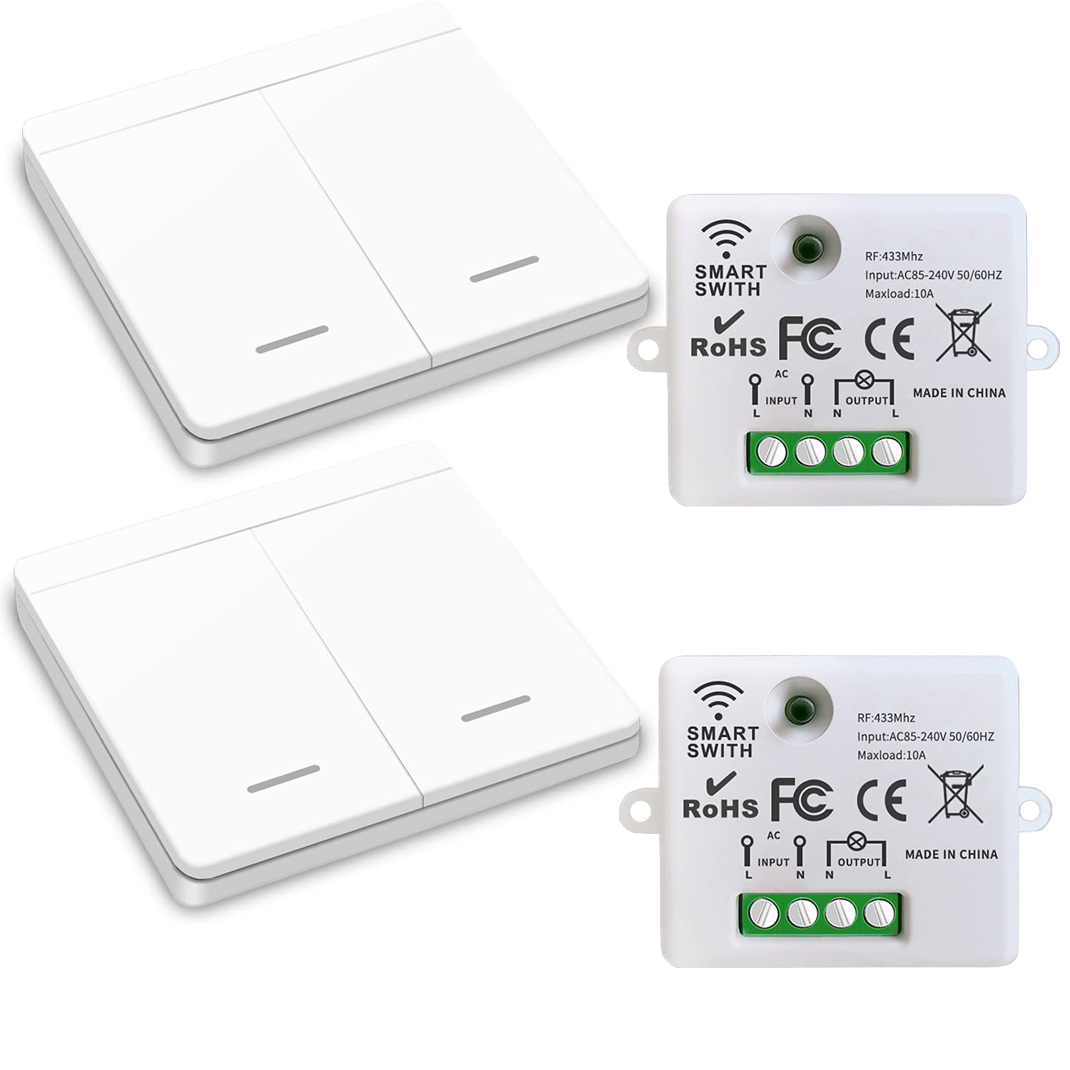 DieseRC Wireless Light Switch 86 Wall Panel RF Safety Switch and 10 Amp Relay Receiver Controller, No Wiring Easy Install, for Lights up to 1500W