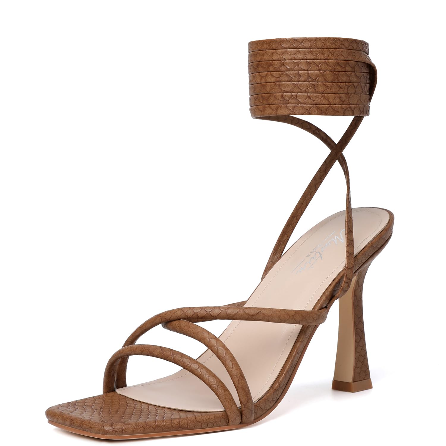 Photo 1 of Mostrin Brown Heels Strappy Heels for Women Lace Up Heels Sexy Tie Up Stiletto Heeled Sandals Square Open Toe High Heels for Prom, Party and Weddings Size 7.5