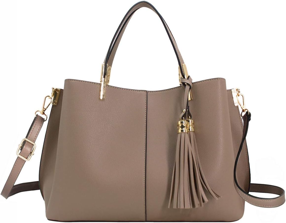 Women Elegant Handbag - Ladies Shoulder Crossbody Bag PU Leather - Tote Satchel Multiple Pocket Compartment - Fashion City Top-Handle Bag - Messenger Shopper Casual Work - Taupe Brown