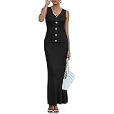 Arach&Cloz Women's Two Piece Skirt Sets 2025 Summer Vacation Outfits Sleeveless V Neck Button Down Sweater Vest Tops and Maxi Skirt Casual Going Out Matching (Black S)