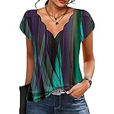 Womens Summer Tops Seashell Edge V Neck Shirts Petal Short Sleeve Top Dressy Casual Tunic Blouses