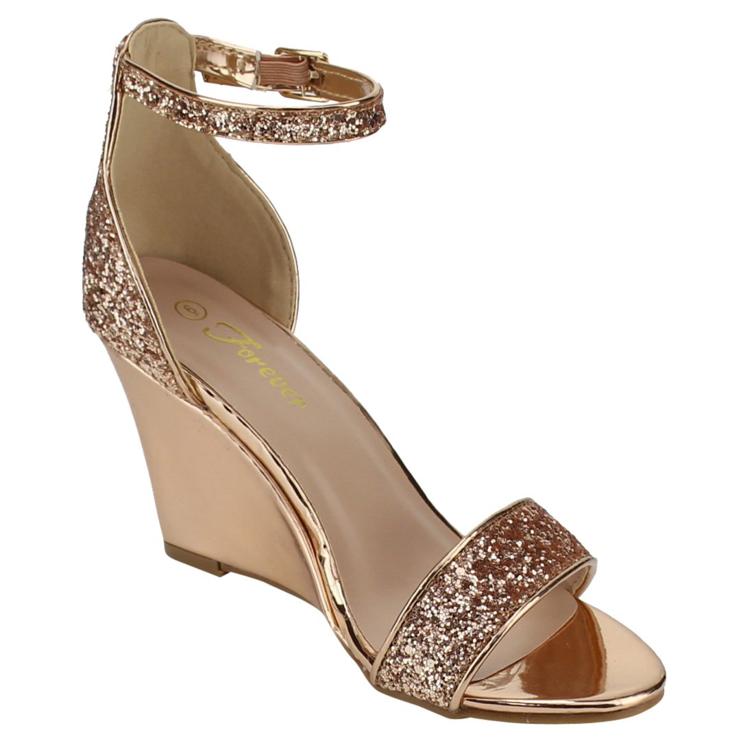Forever Women's Ankle Strap Wedge Heel Glitter Prom Sandals Peep Toe High Platform Sandals (Roes Gold, 6.5 US) - Image 3