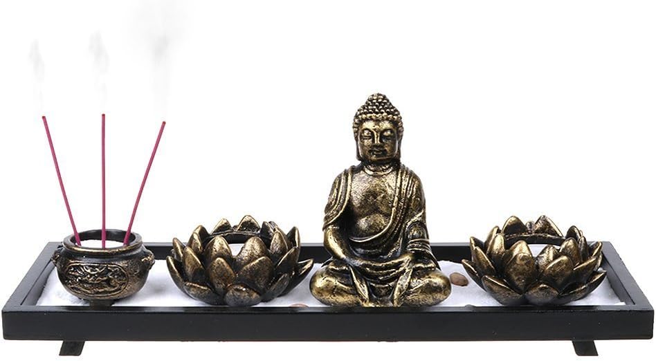 On Zen Garden | 1 Set of Mini Fengshui Garden Landscape with Buddha Statue Incense Burner Candle Holder White Sand | Premium Quality Metal and Non Toxic Genuine Wood for Meditation Decoration | 340.1