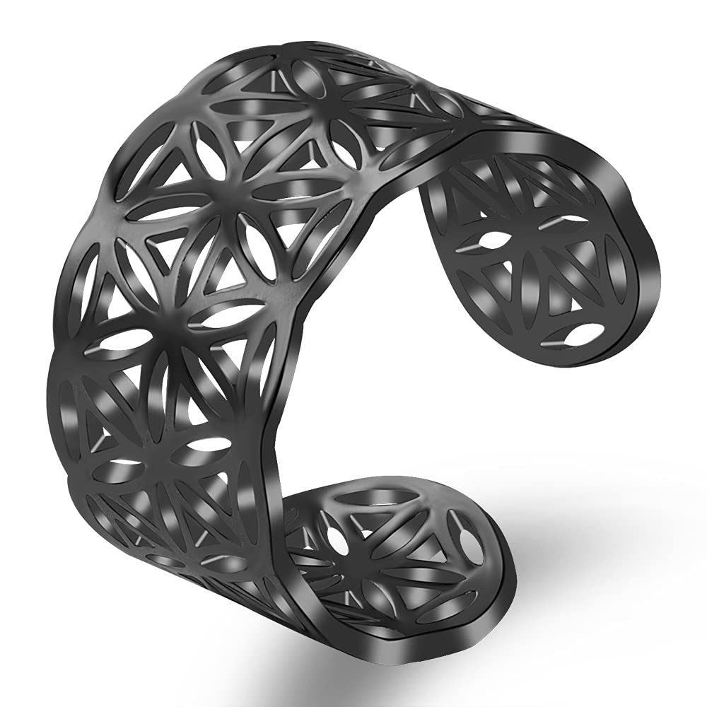 FLYUN Metatron Cube Ring Flower of Life Rings Adjustable Triskele Ring Jewelry Mysterious Sacred Geometry Magic Hexagram Jewelry, Stainless Steel, stainless steel
