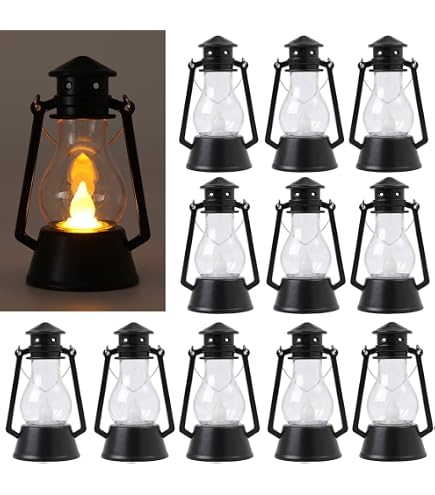 LLQ Lot De 12 Mini Lanternes Décoratives Vintage – Laiton, Bougies LED Vacillantes, Piles LR44 Incluses, Pour Table Suspendue