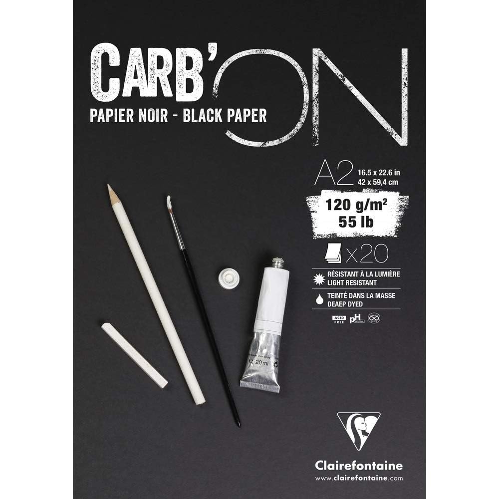 Clairefontaine - Ref 975041C - Carb'On Black Glued Paper Pad (20 Sheets) - A2 (594 x 420mm) Sized, 120gsm Paper, Acid Free, pH Neutral - Suitable for Pencil, Felt Tip, Chalk