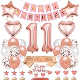 11th Birthday Decorations Rose gold Birthday Girls Sash Rose gold banner cake toppers latex Balloon stars aluminum foil balloon Number 11 year balloon decoration set Girls Party Supplies sweet gift