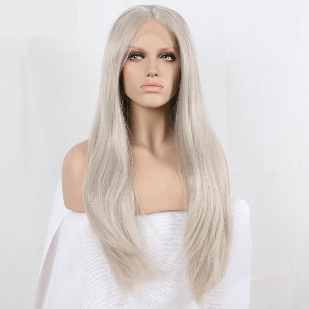 Xiweiya silver gray synthetic lace front wigs for women with heat resistant fiber ash blonde long nature wave hair replacement wig โ image 1