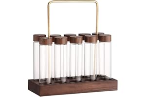 Single-Dose Coffee Bean Storage Tubes with Walnut Wooden Display Stand – Airtight Glass Vials (10-Pack), 17–19g Capacity, for