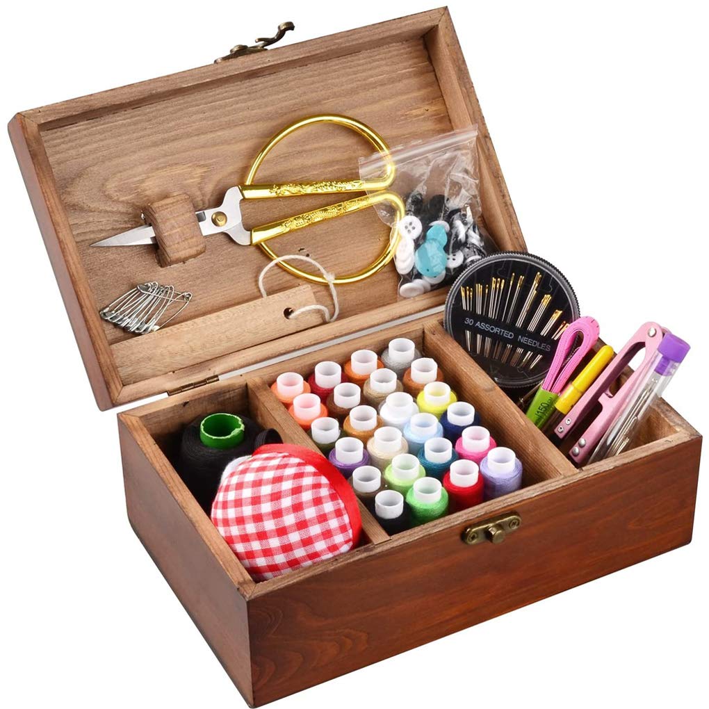 Wooden Sewing Basket,MKNZOME Vintage Sewing Box with Over 110 Pcs Sewing Kit Accessories for Mom Grandma Girl Women Hobbyist Household Gift & Emergency Clothing Fixes