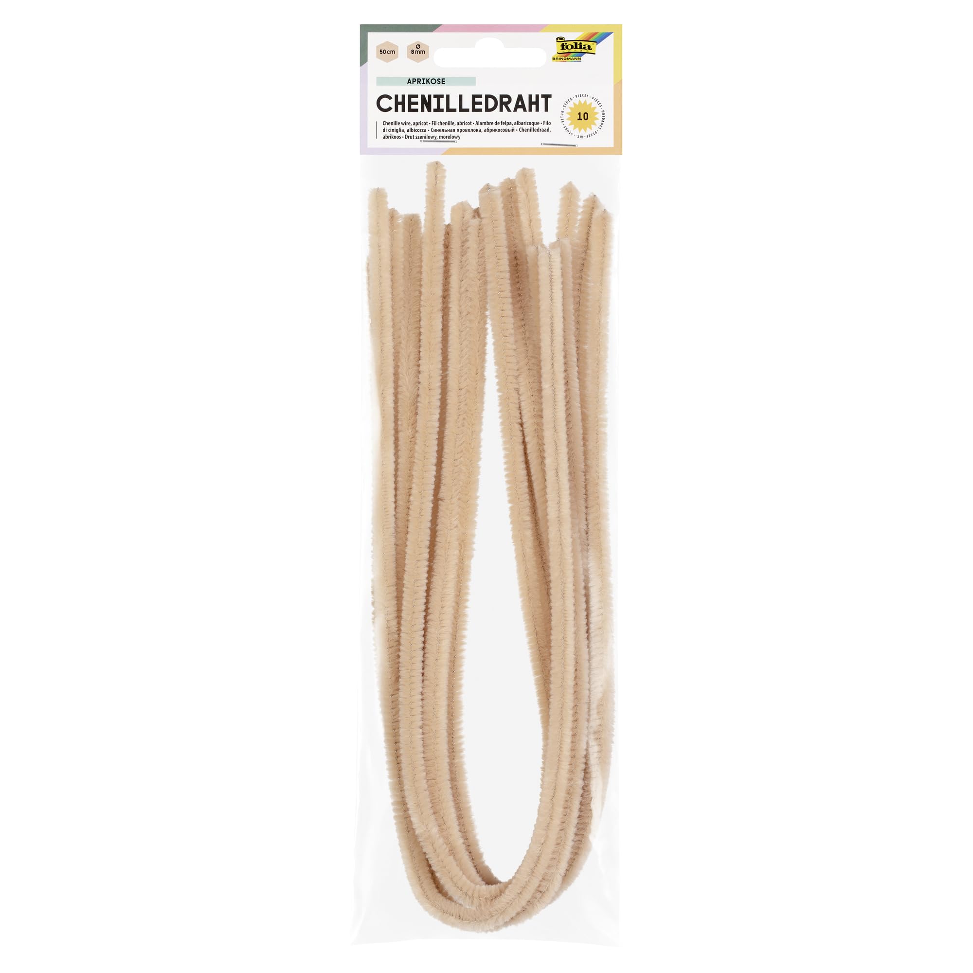 folia 77842 Chenille Wire, Pipe Cleaners, Pack of 10 in Light Beige, Diameter 8 mm and 50 cm Long, Ideal for Children for Crafts and Designing Animals, Figures and Other Shapes