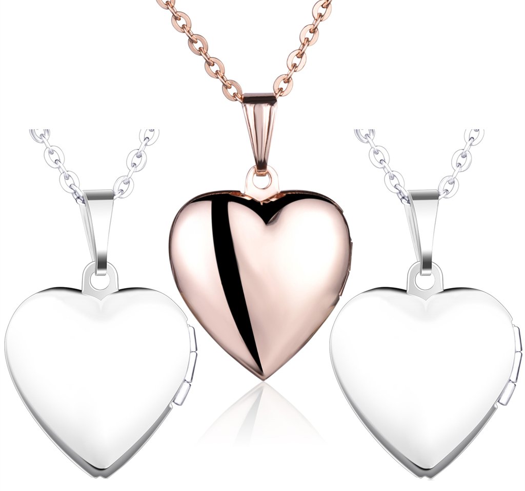 Yumilok stainless steel photo locket, amulet, rose gold silver-tone, heart pendant necklace, 3 pieces