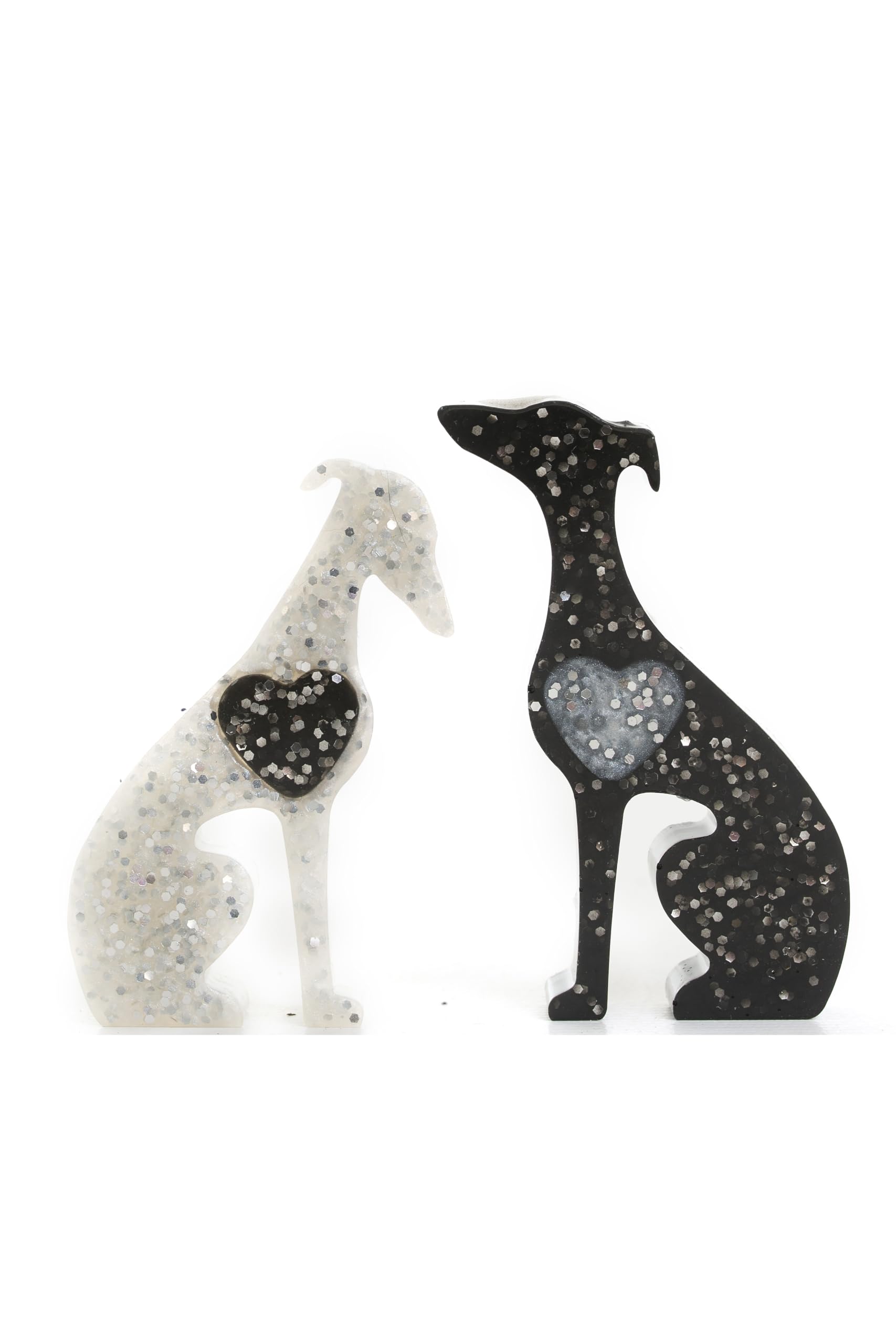 Handmade Mini Resin Whippet/Greyhound Figurines - Set of 2, Decorative Dog Statues 7cm high (Black and white sparkle hearts)