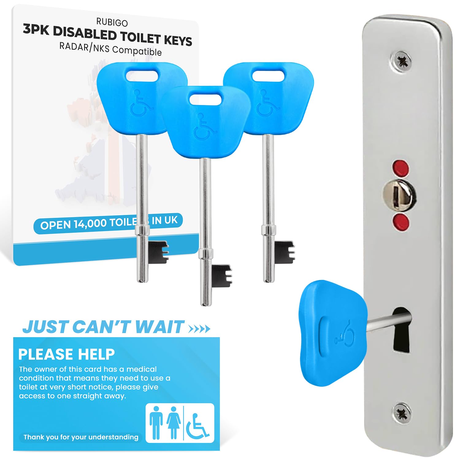 3PK Radar Key for Disabled Toilets UK - 4 Colours - Disabled Toilet Keys with 'Just Can't Wait' Card RubiGo (Blue)