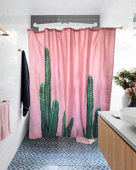 Amazon おしゃれシャワーカーテン 西海岸風 ボヘミアン風インテリア ピンクサボテン シャワーカーテン ホーム キッチン オンライン通販