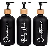 Glass Shampoo and Conditioner Pump Bottles Soap Dispenser Bamboo Pump Head Empty Glass Refillable Shampoo Conditioner Body Wash Soap Bottles for Bathroom, 17 oz, 3 Pack, Black