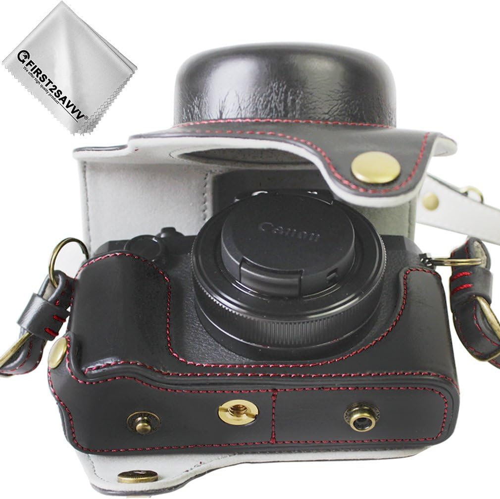 First2savvv full body Precise Fit PU leather digital camera case bag cover with should strap for Canon PowerShot G1 X Mark III + Cleaning cloth XJD-G1X Mark III-HH01