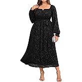 Women's Plus Size Fall Dress - Wedding Guest Long Sleeve Midi Semi Formal Square Neck Flowy Dresses