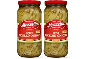 Mezzetta Spicy Pickled Onions - Crunchy Yellow Onion Marinated in Vinegar, Oregano & Chilies - Perfect for Burgers, Tacos, Sandwiches - Fresh Flavorful - Elevate Your Dishes - 16 Oz Jar - Pack of 2