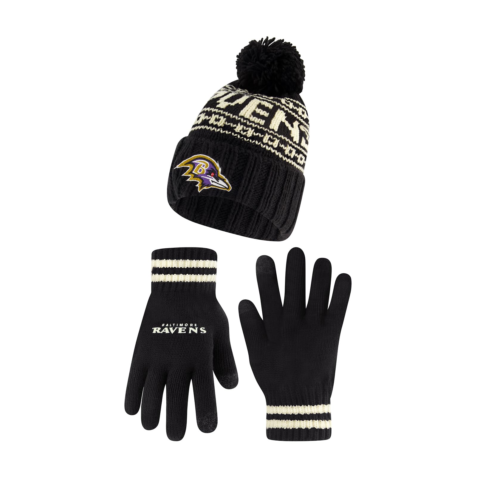Ultra Game NFL Official Adults Super Soft Cable Knit Winter Beanie Knit Hat with Extra Warm Touch Screen Gloves, Baltimore Ravens, Black, 1SIZE Image