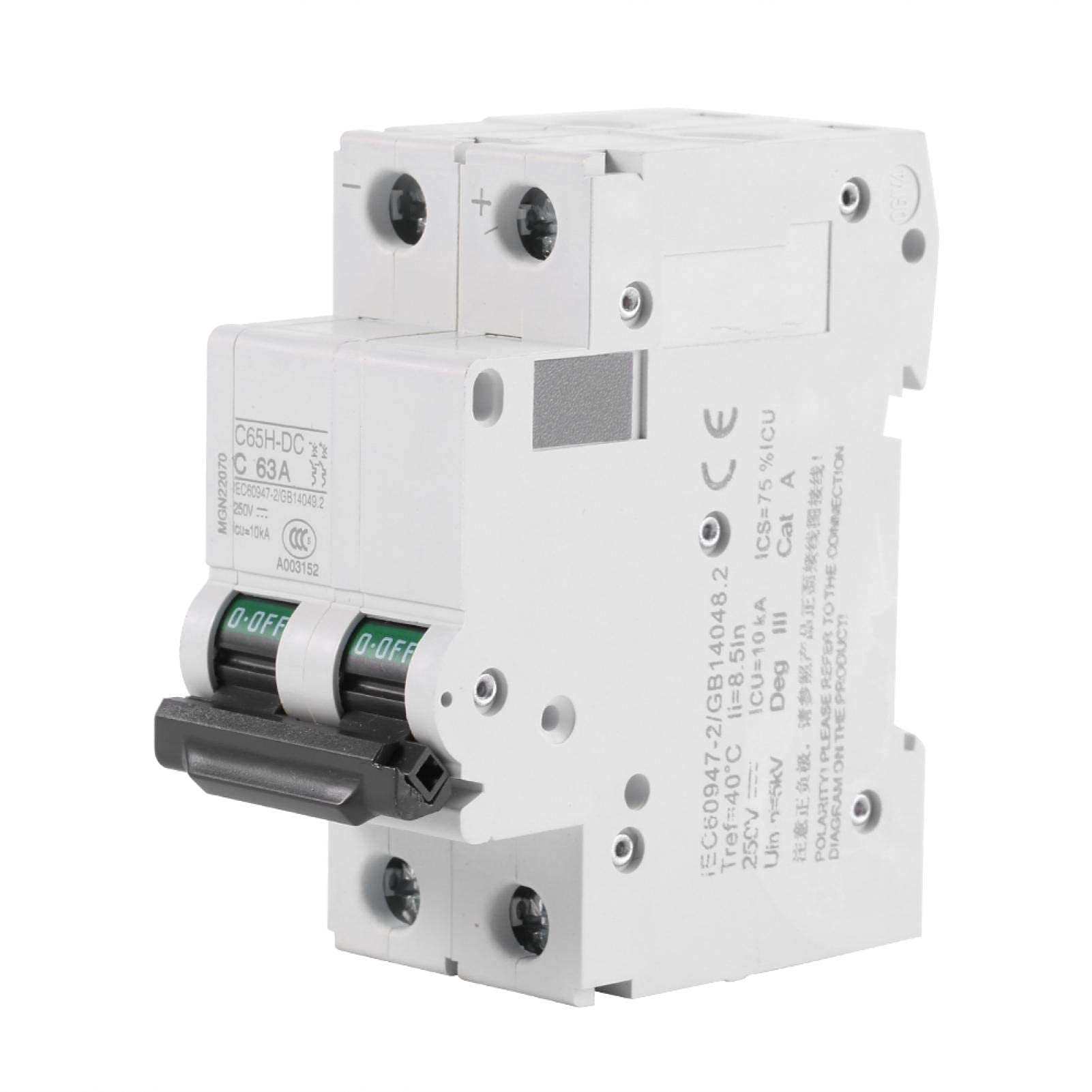 2P 250V Low-Voltage DC Miniature Circuit Breaker,Breaker DC Circuit Amp Solar Double Pole 16A/32A/63A for Solar Panels Grid System DIN Rail Mount(White Size:63A)