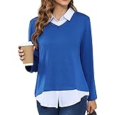 MISS FORTUNE Women's V-Neck Fall Winter Sweater Collar 2 in 1 Casual Long Sleeve Patchwork Office Pullover Shirts 2025