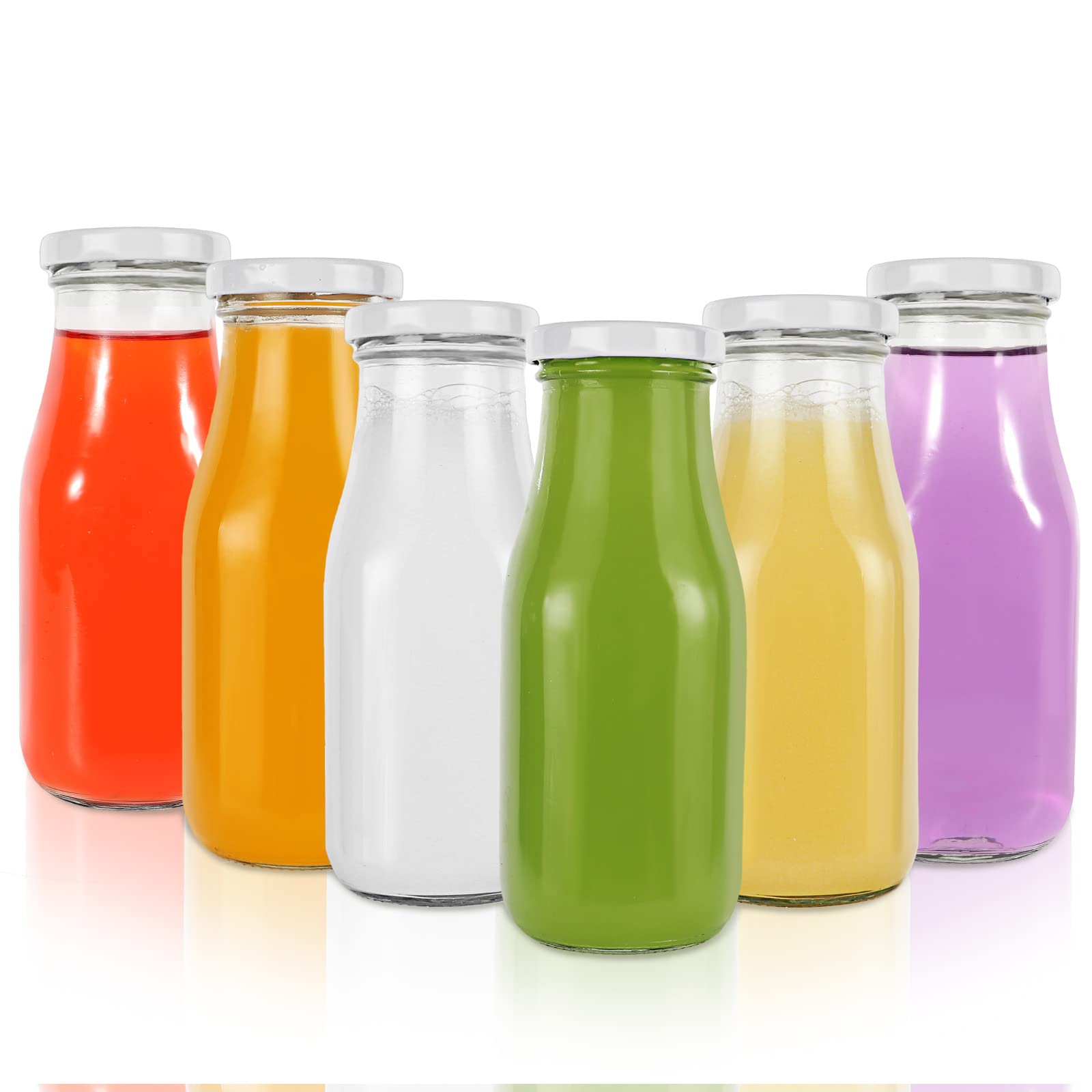 SHiZAK 6 Pack 11 oz / 330 ml Clear Glass Milk Bottles with Lids (Tinplate). Glass Drinking Bottles for Juicing,Water,Honey. Vintage Jars With 40 Labels and 1 Pen